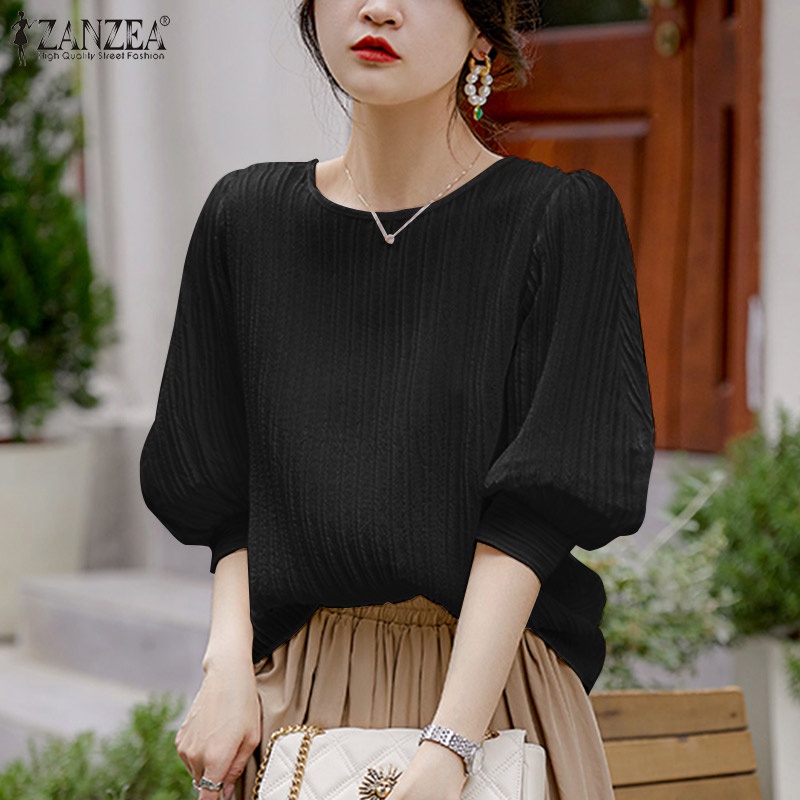 Áo kiểu Zanzea tay lỡ 3/ 4 cổ tròn màu trơn thời trang dành cho nữ