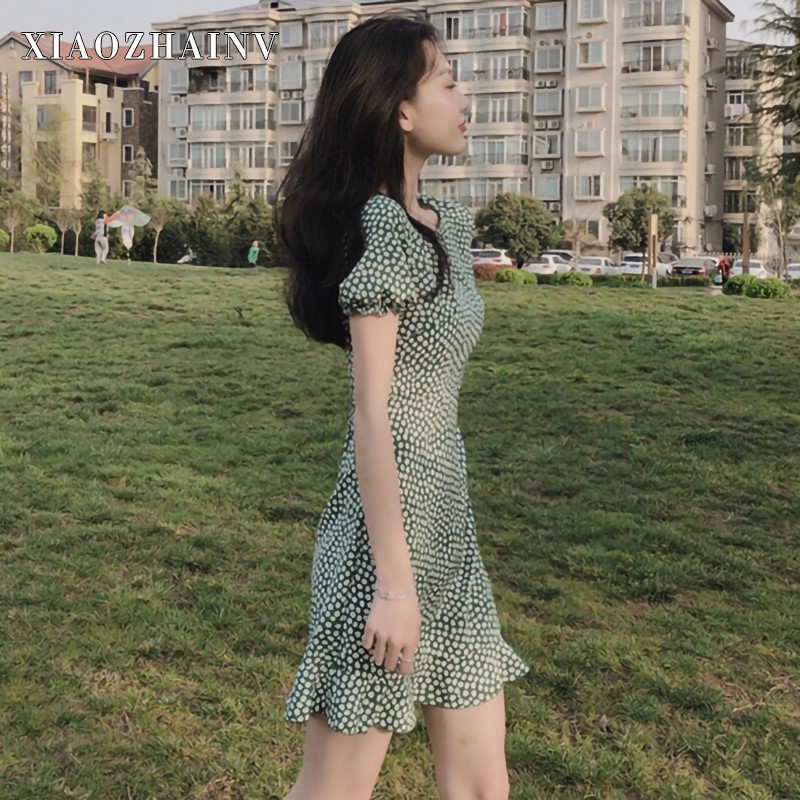 Xiaozhainv Đầm tay ngắn cổ tròn hoạ tiết hoa nữ tính | BigBuy360 - bigbuy360.vn