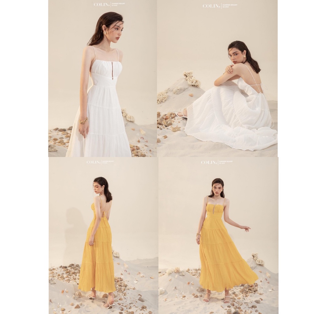 Đầm maxi ,  Đầm 2 dây , Váy hở lưng Cao Cấp váy đi biển thiết kế đỏ vàng trắng xanh xốp nhún 2 lớp dáng xòe - MiNhi | BigBuy360 - bigbuy360.vn