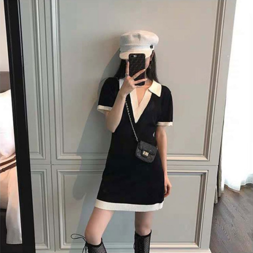 SUXI Đầm dệt kim ngắn tay cổ chữ V phong cách retro xinh xắn cho nữ