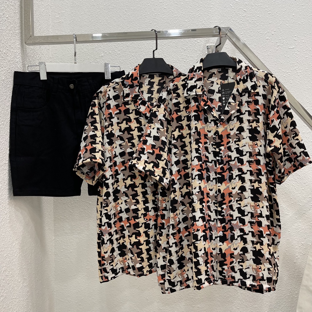 Áo sơ mi tay ngắn hoạ tiết hoa tiêu vải lụa mango áo cuban shirt ngắn tay cổ vest mùa hè