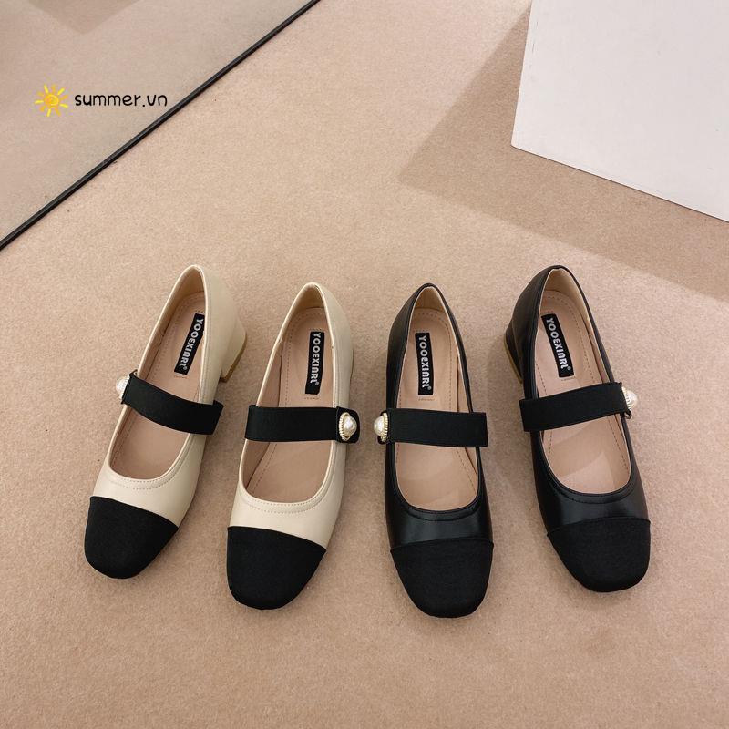 Giày Búp Bê Mũi Tròn Gót Dày Phối Dây Đính Ngọc Trai Thời Trang Pháp Màu Sắc Phù Hợp Cho Bạn Nữ