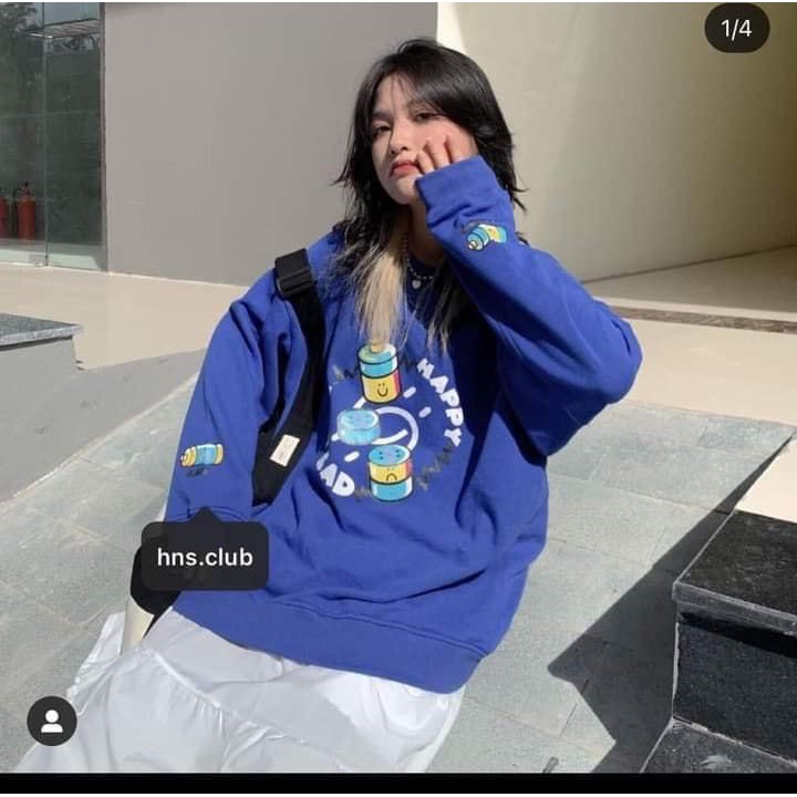 Áo sweater nỉ tay bồng unnisex Happy Sad màu xanh coban_Áo nỉ bông nam nữ basic, cá tính, hottend