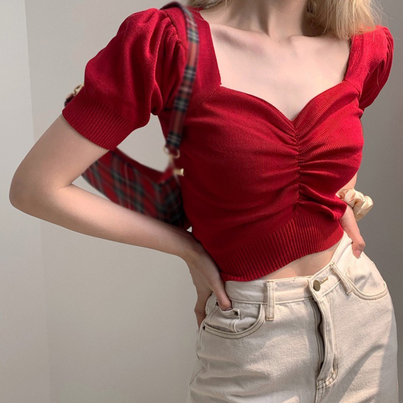 Áo Croptop Dệt Kim Tay Ngắn Thiết Kế Cổ Chữ V Màu Sắc Thanh Lịch