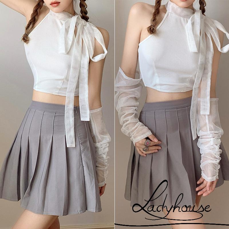 LDDWomen Casual Crop Tops, Solid Color Mock Neck Slim-Fit Bandage Tops with Sleeves, White