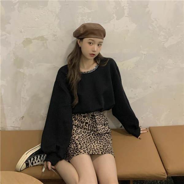 COZOK Set áo thun ngắn tay + chân váy họa tiết da báo thời trang nữ