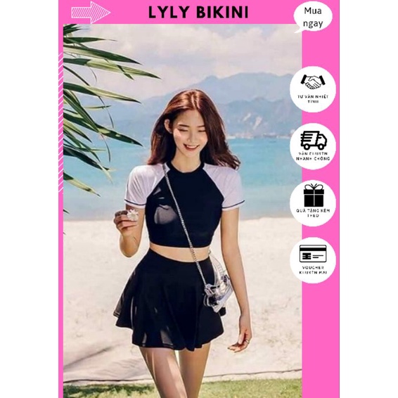 Đồ bơi nữ kính đáo, set váy đen áo tay con trắng
