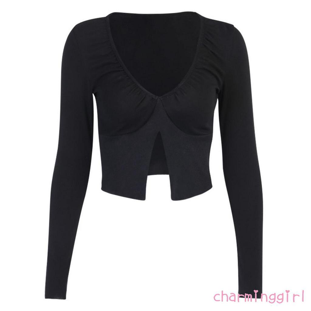 Áo Thun Tay Dài Cổ Chữ V Xẻ Tà Thời Trang Dành Cho Nữ