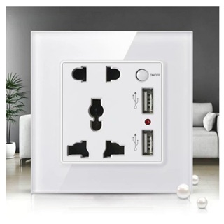 Ổ cắm điện đôi 3 chấu có 2 cổng USB mặt kính cường lực ATS-UK-USB