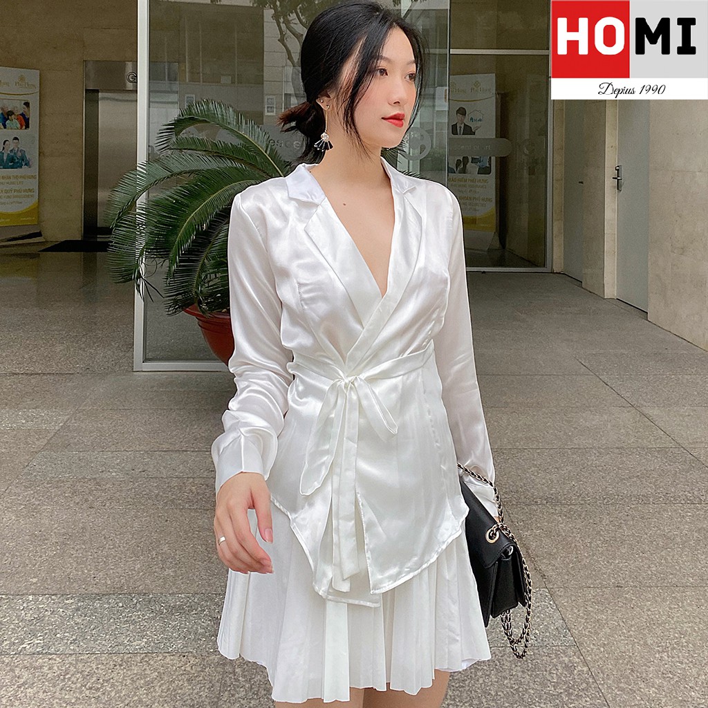 Áo sơ mi lụa cổ vest dây cột eo trắng Homi Fashion