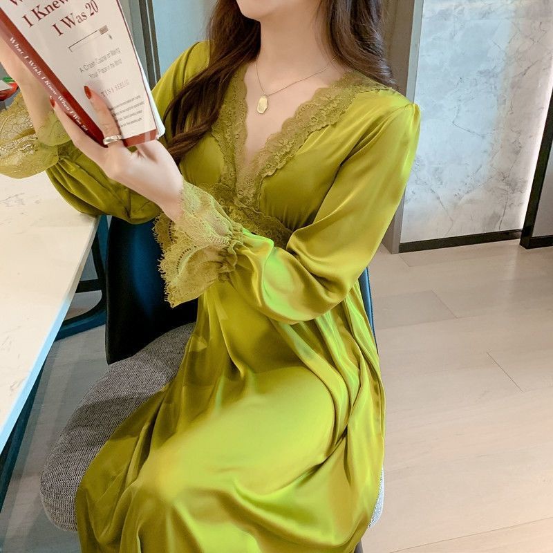 Đầm Ngủ Tay Dài Chất Lụa Phối Ren Thời Trang Xuân Thu Quyến Rũ Cho Nữ