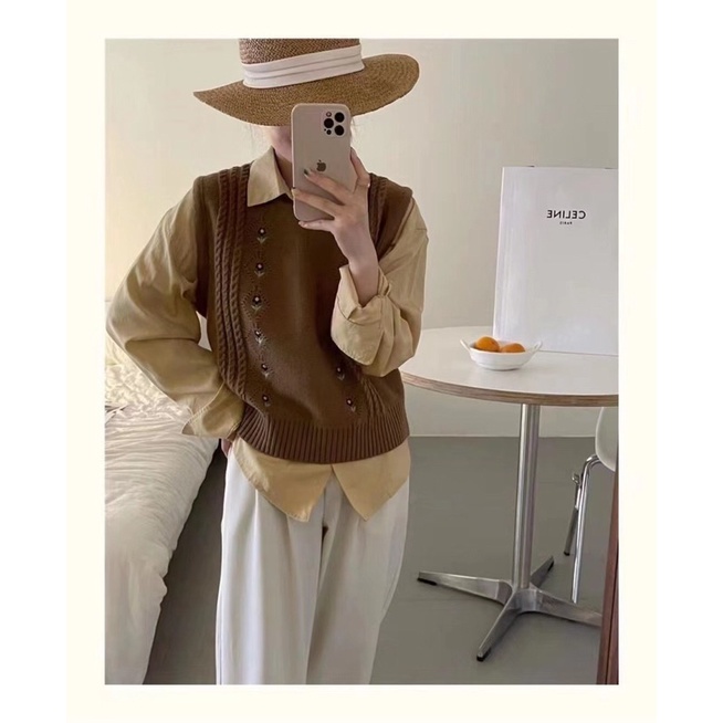 Gile không tay sát nách thêu hoa , Cổ tròn ulzzang hàng loại 1 có sẵn
