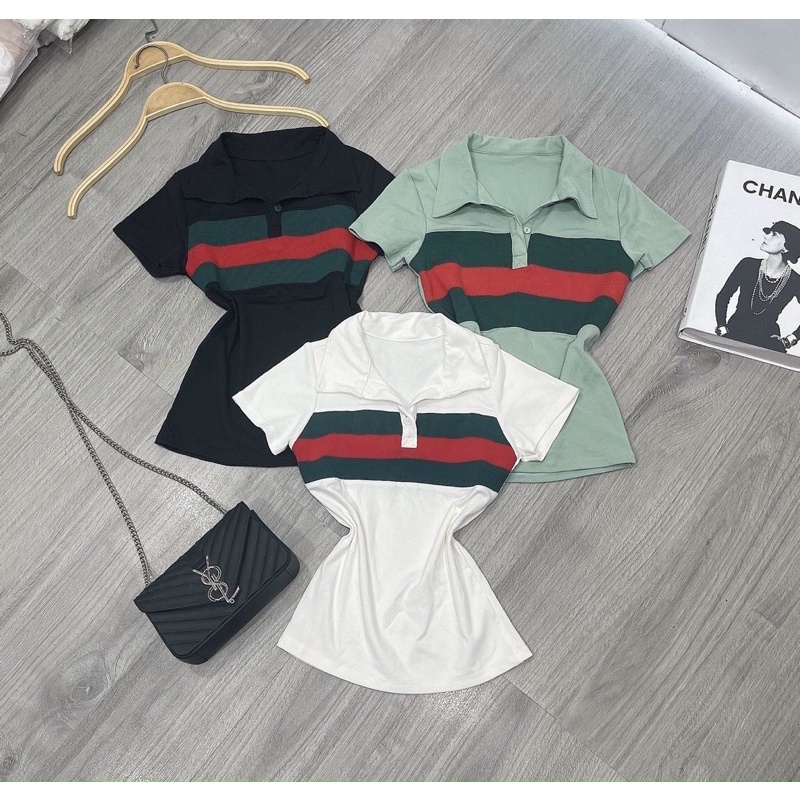 Áo POLO body nữ phối viền xanh đỏ