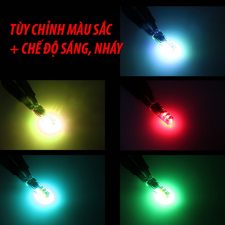Bộ đèn LED RGB COB demi RGB điều khiển màu + chế độ nháy, sáng chuẩn T10 12v