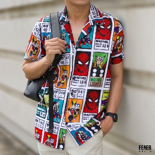 Áo Sơ Mi Marvel Comic tay ngắn nam FEAER form suông, Chất lụa chéo
