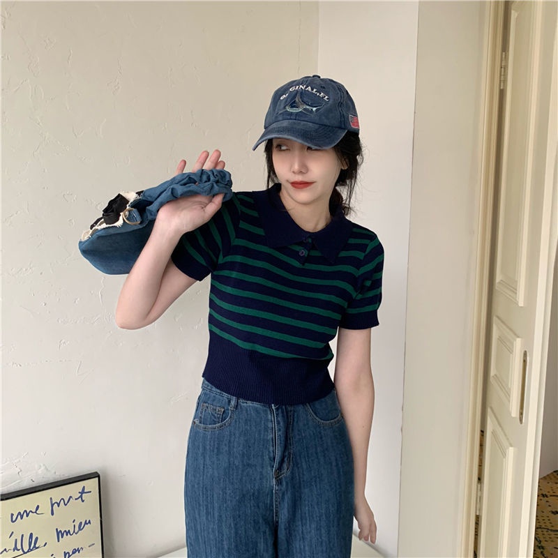 Áo Thun Dệt Kim Ngắn Tay Họa Tiết Kẻ Sọc Thời Trang Phương Tây Mới 2022 Cho Nữ