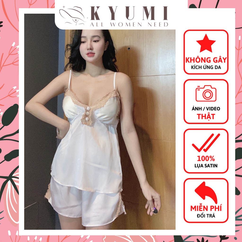 Đồ ngủ sexy đồ ngủ 2 dây phối ren đính nút có mút ngực KYUMI OFFICAL, vải lụa satin, freesize 40-60kg tùy chiều cao 010