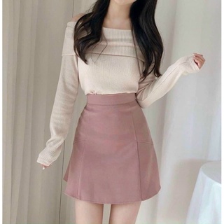 [Ảnh Thật] Set Áo Bẹt Vai Tay Dài+Chân Váy Dạ Hồng