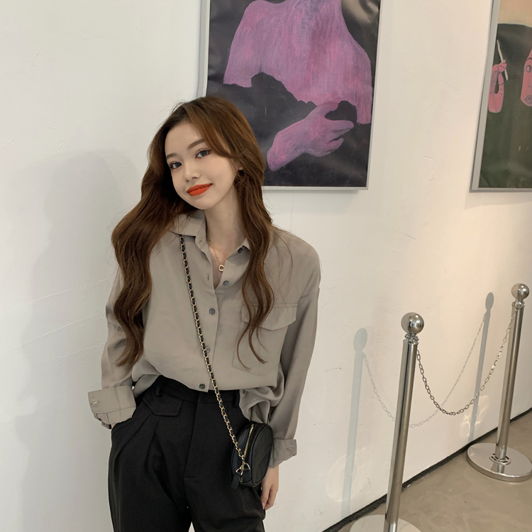 Áo Sơ Mi Tay Dài Dáng Rộng Màu Sắc Đơn Giản Phong Cách Retro Hàn Quốc