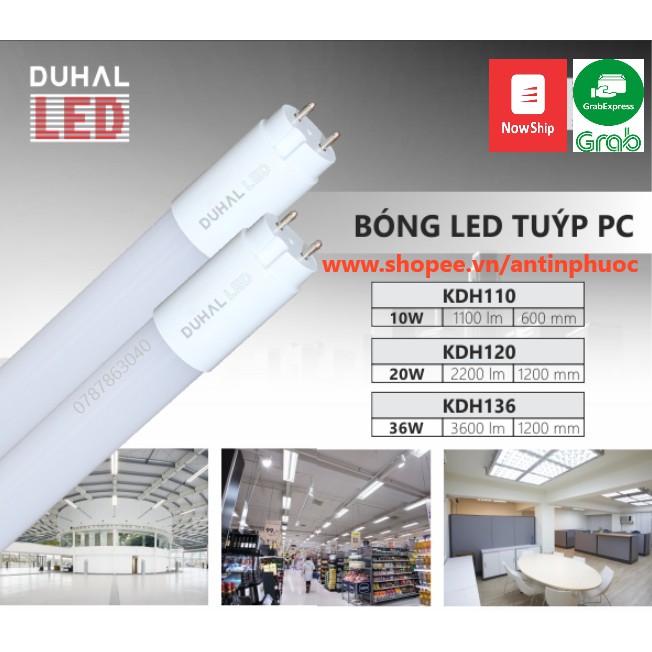 Bóng đèn LED tuýp nhựa 1m2 Duhal 20w - đèn led tube 0,6m  -1mT8 công suất  thật Duhal 10w ,20w ,36w ánh sáng trắng - vàn
