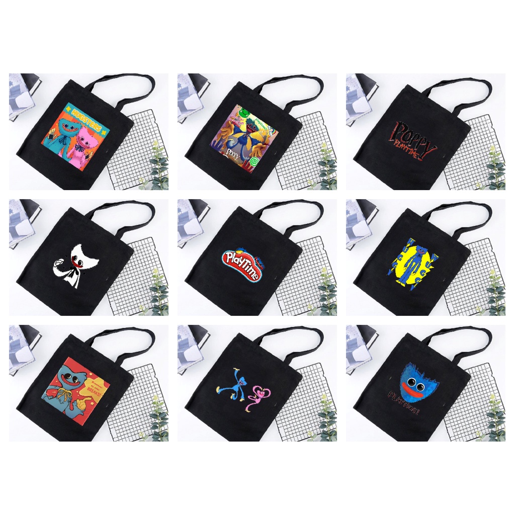 Túi tote vải đen đeo vai in hình game POPPY PLAYTIME phong cách anime chibi tiện lợi thời trang