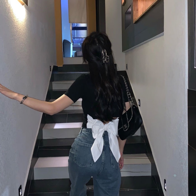 Áo Thun Dáng Ngắn Phối Nơ Quyến Rũ Thời Trang Mùa Hè Dành Cho Nữ