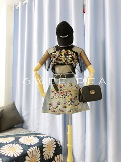 Set áo lưới + chân vây jean ( HOA THÊU )