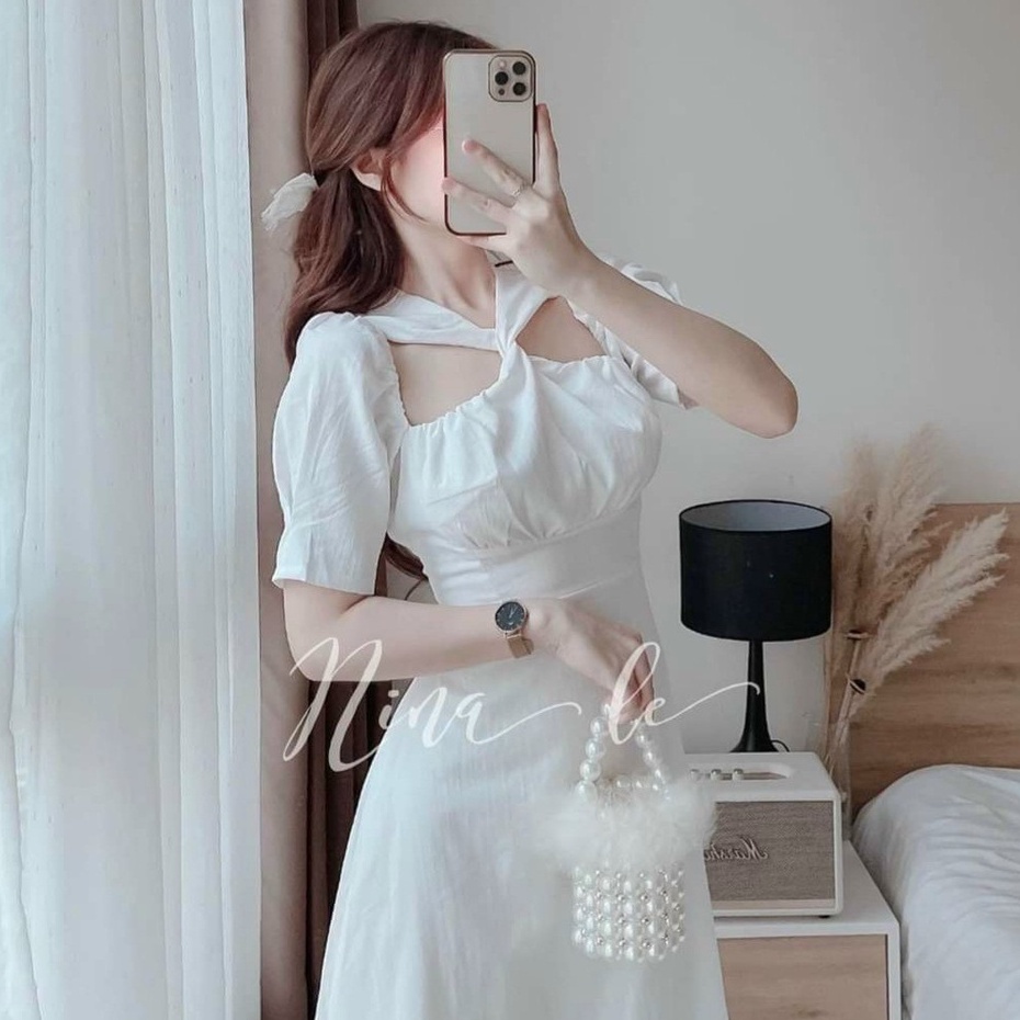 Đầm Váy Trắng Dự Tiệc Chéo Ngực Siêu Xinh Nobrand Thiết Kế Dáng Xòe Sang Chảnh Thời Trang [XM MINH PHÚC]