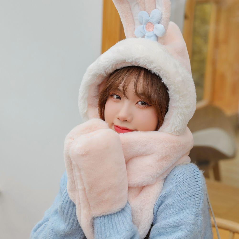 Bộ Nón Khăn Choàng Găng Tay Tai Thỏ 3 Trong 1 Bằng Vải Bông Ấm Áp Thời Trang Mùa