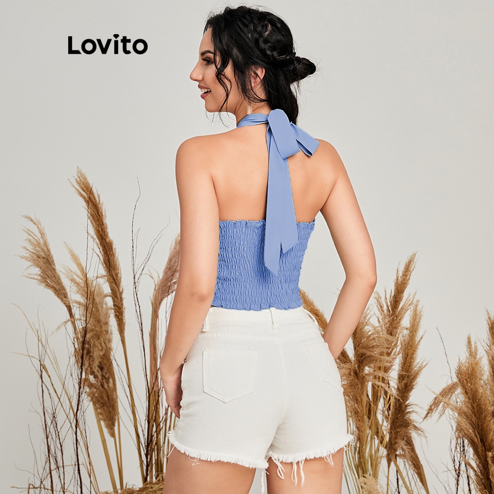Áo sát nách Lovito xếp nếp màu trơn phối dây buộc phong cách Boho L14E016 (Màu xanh dương) | BigBuy360 - bigbuy360.vn