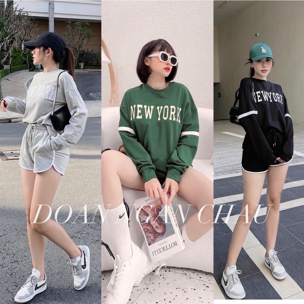 SET SWEATER CHỮ NEWYORK + SHORT,Set áo sweater dài tay + quần short phong cách hàn quốc ,chất nỉ bông