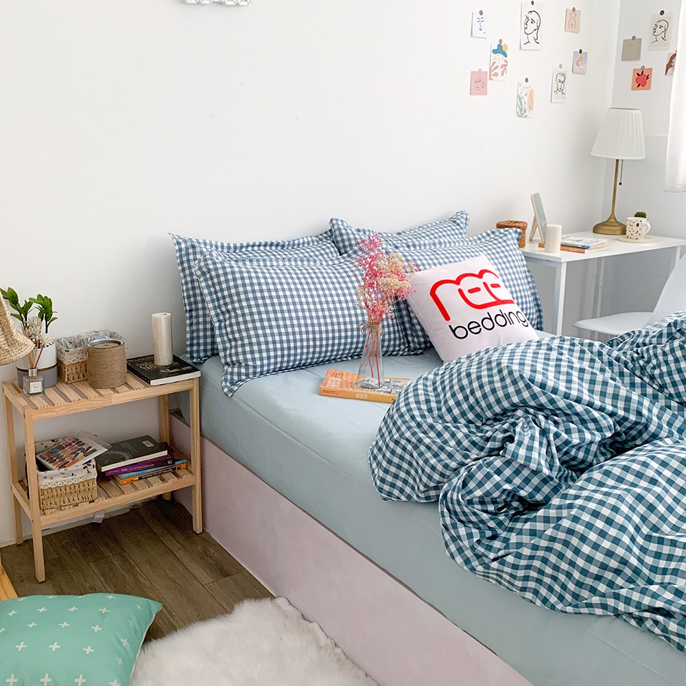 Bộ chăn ga gối poly cotton REE Bedding caro xanh dương PLC55