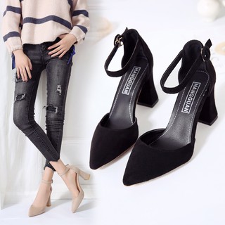 Giày cao gót nữ, quai cài, mũi nhọn, gót thô, chất nhung, phong cách Hàn Quốc, phù hợp cho mùa xuân, mẫu mới nhất