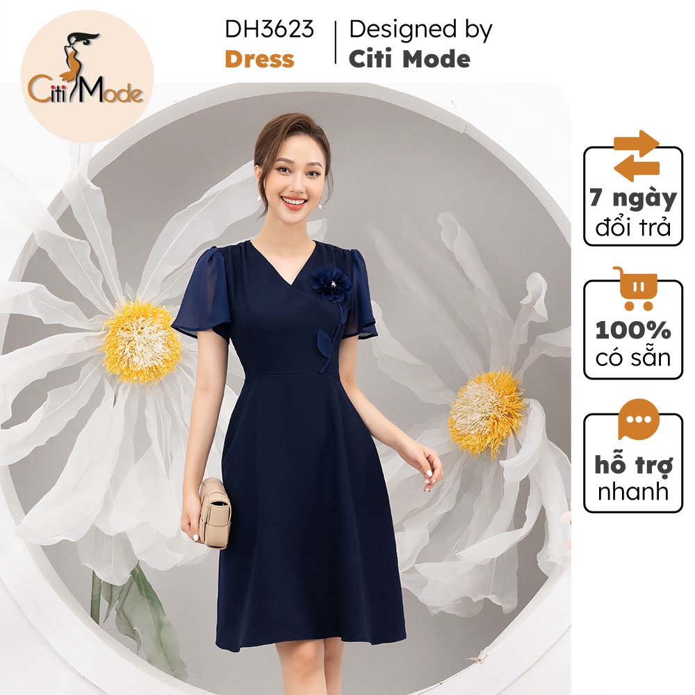 Đầm xòe nữ dáng peplum xanh than CITI MODE cổ đức phối vạt eo chất vải co giãn DH3623