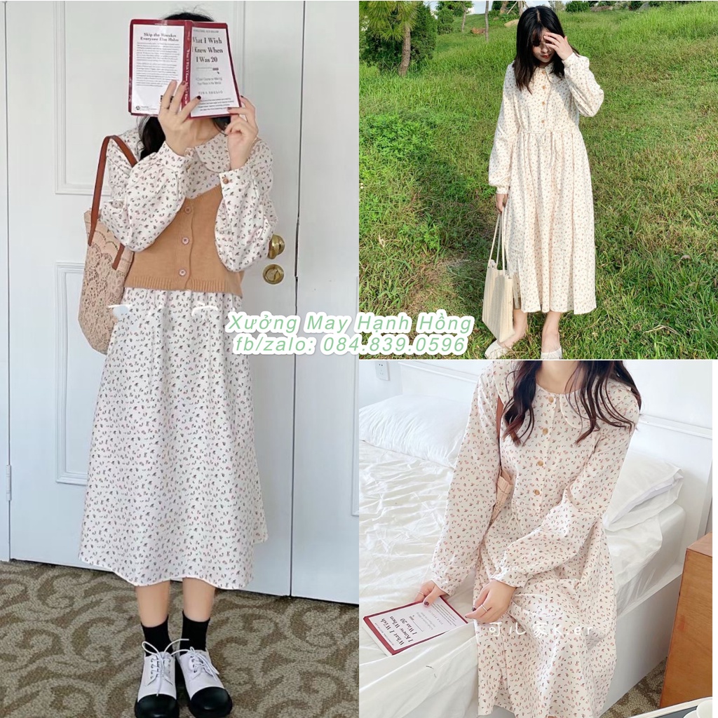 Váy hoa nhí nhung cổ tròn vintage dài tay thu đông ULLZZANG quảng châu - Xưởng May Hạnh Hồng | BigBuy360 - bigbuy360.vn