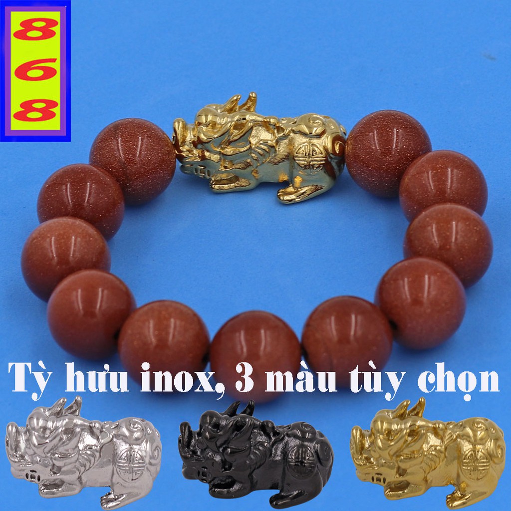 Vòng tay Kim Sa Nâu 16 ly Mix Tỳ Hưu inox VKSTHV16 - Hợp mệnh Kim, mệnh Thổ - Chuỗi size lớn