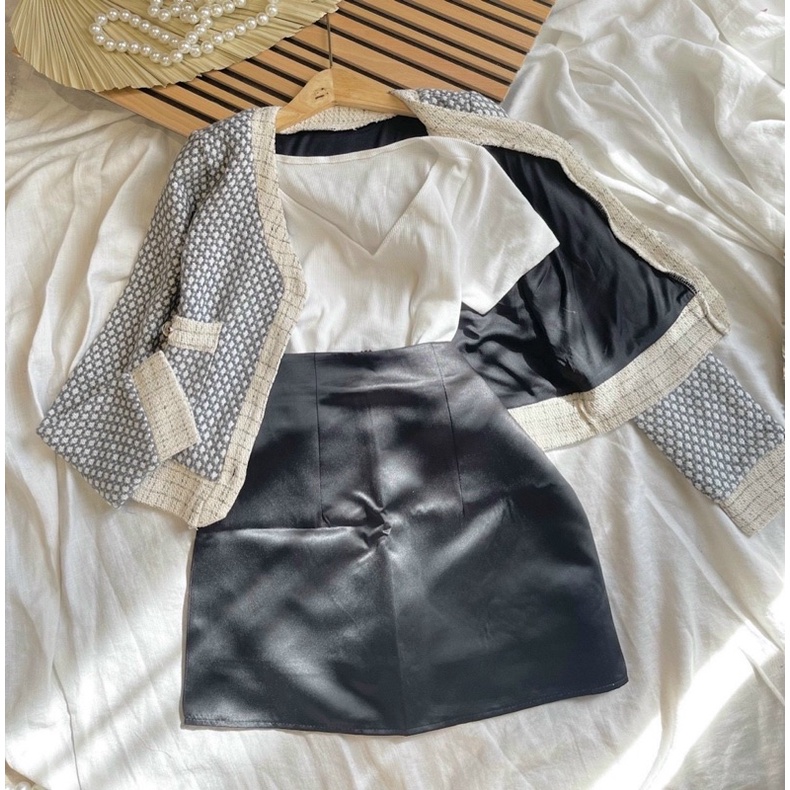 SET 3 MÓN : KHOÁC DẠ VIỀN + ÁO CỔ V + CHÂN VÁY | BigBuy360 - bigbuy360.vn