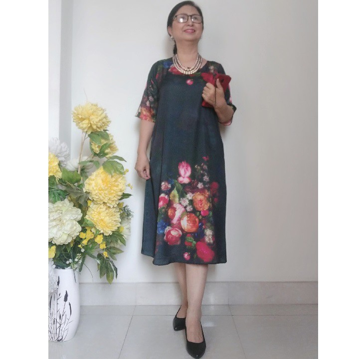 Váy Đầm Trung Niên Suông A Che Bụng - Vải Lụa Cát Mịn - Có 2 Túi - Size 50kg - 90kg | BigBuy360 - bigbuy360.vn