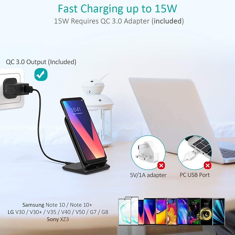 Đế sạc nhanh không dây CHOETECH 15W với bộ chuyển đổi QC 3.0 cho iPhone 11/11 Pro / 11 Pro Max