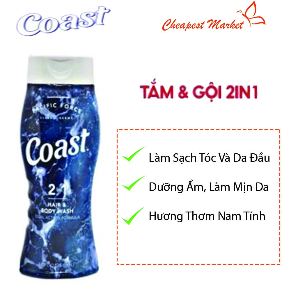 Sữa Tắm Coast - Dầu Tắm Gội Coast Mỹ 2 in 1 Coast Hair &amp; Body Wash Classic Scent Pacific Force 532ml