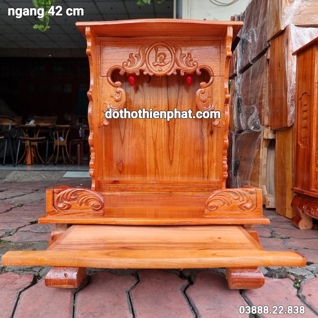 Bàn thờ thần tài ông địa gỗ xoan ngang 42cm chân quỳ kèm đôn gỗ mẫu mới