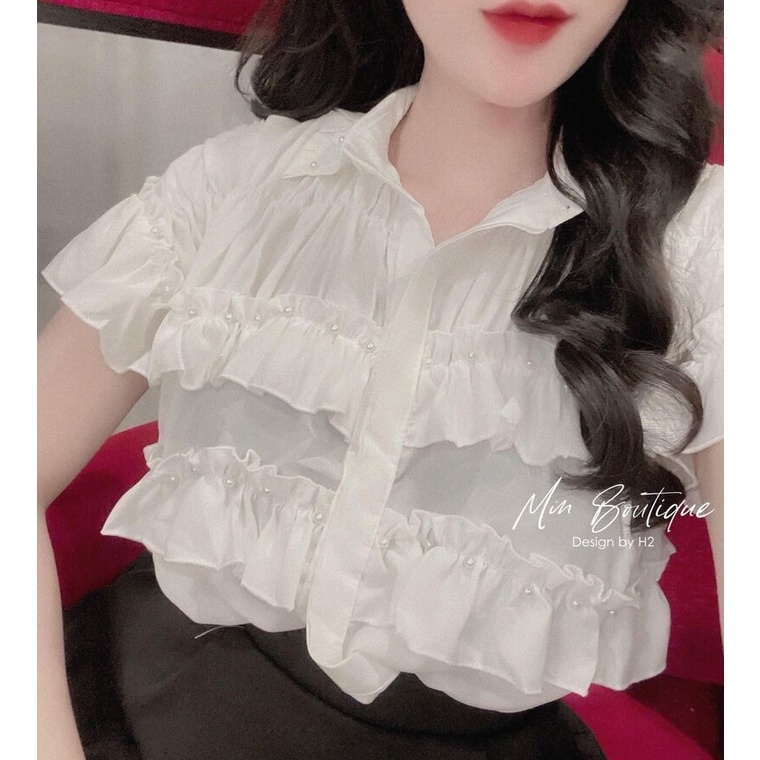 Áo sơ mi nữ form rộng tay ngắn ôm dáng kiểu hàn quốc cộc tay phối ngọc cổ ren tiểu thư - áo sơ mi trắng đi học công sở