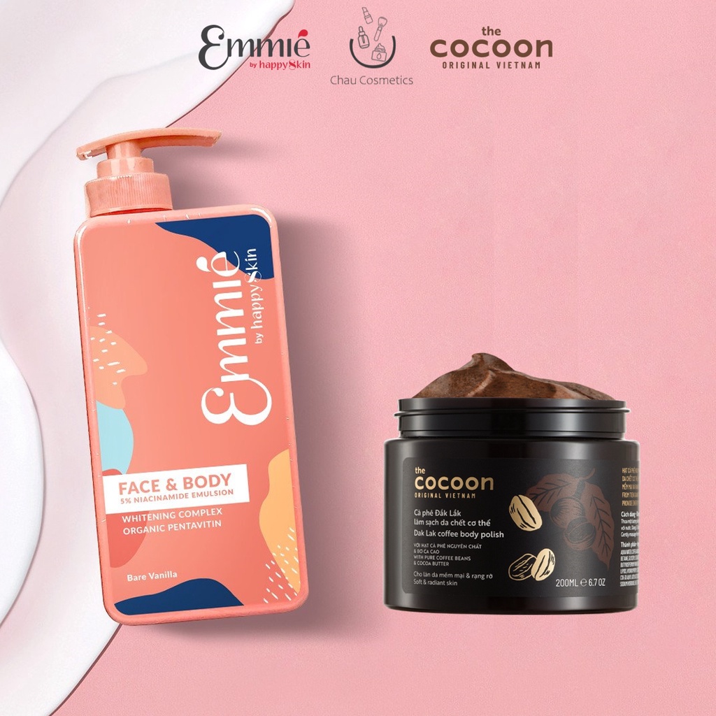 Combo trắng da cơ thể: Tẩy tế bào chết cà phê Cocoon + Dưỡng emmié face body emulsion 5% niacinamide emmie by happy skin