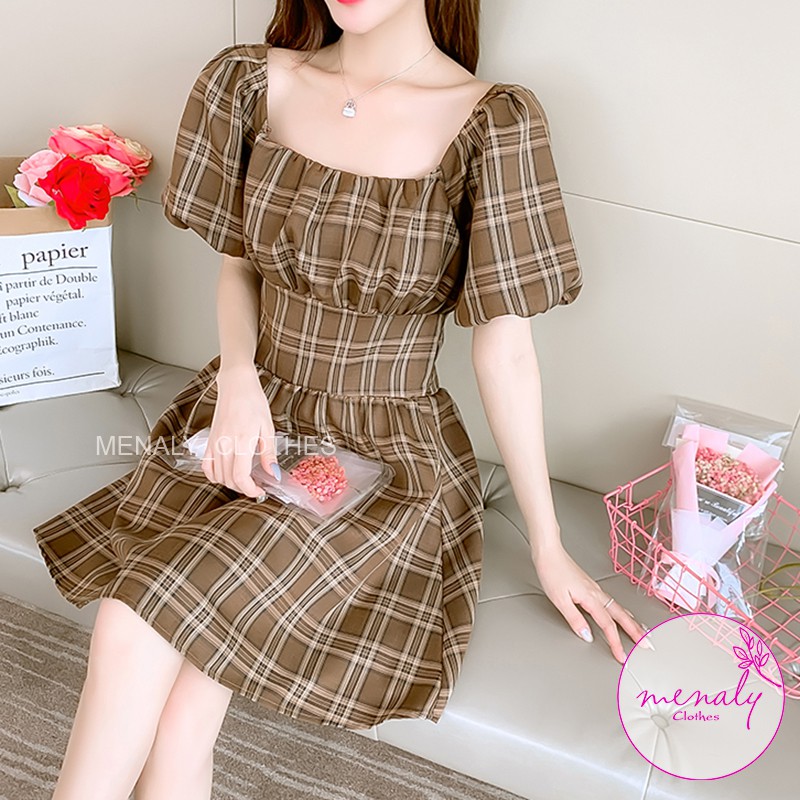 Váy xòe nữ chữ A cổ vuông tay bồng V01, mẫu váy cổ vuông ôm eo tôn dáng màu kết hợp, kiểu dáng nữ tính