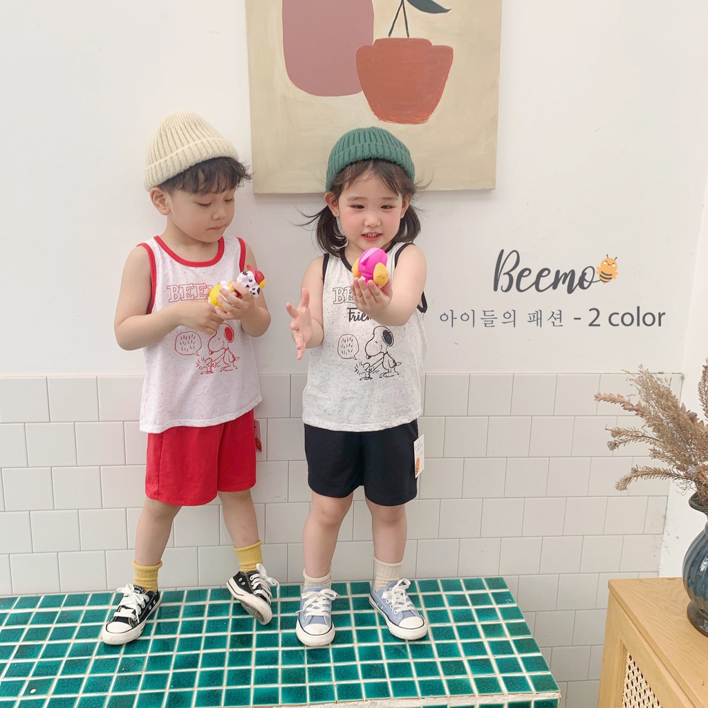 Bộ ba lỗ cotton unisex hoạ tiết Snoopy, bộ ba lỗ mặc nhà cho bé