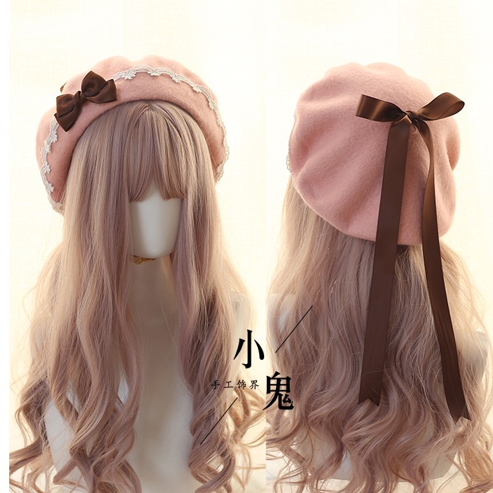 Mũ Nồi Len Phối Ren Đính Nơ Thủ Công Kiểu lolita Nhật Bản Thời Trang Thu Đông Ấm Áp Cho Nữ