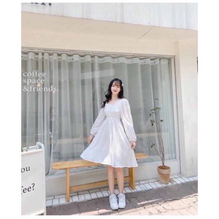 váy babydoll dáng dài trắng tay bồng 3 khuy ngực, đầm nữ dự tiệc dáng xòe babydoll màu trắng chất đẹp, thoáng hút mồ hôi