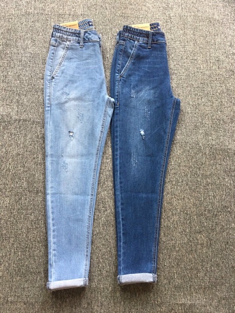 QUẦN JEANS NỮ BAGGY LƯNG THUN TÚI XÉO XƯỚC RÁCH NHẸ HAI MÀU TT