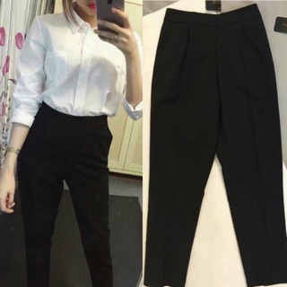 Bộ công sở áo sơ mi trắng +Quần Baggy nữ dáng trơn màu Đen