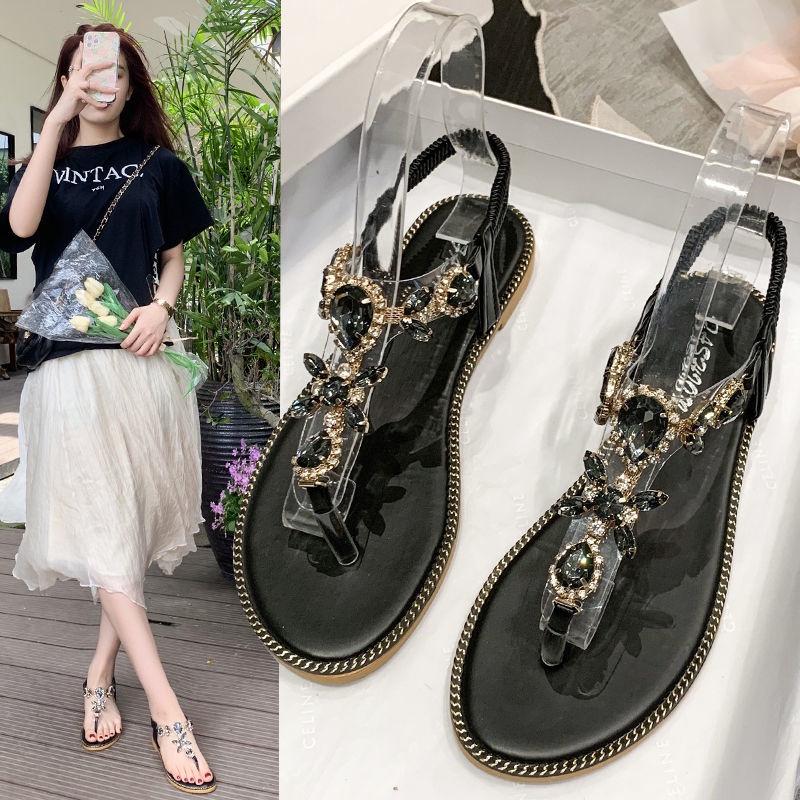 Giày Sandals Đế Bằng Đính Đá Trang Trí Lấp Lánh Thời Trang Cho Nữ